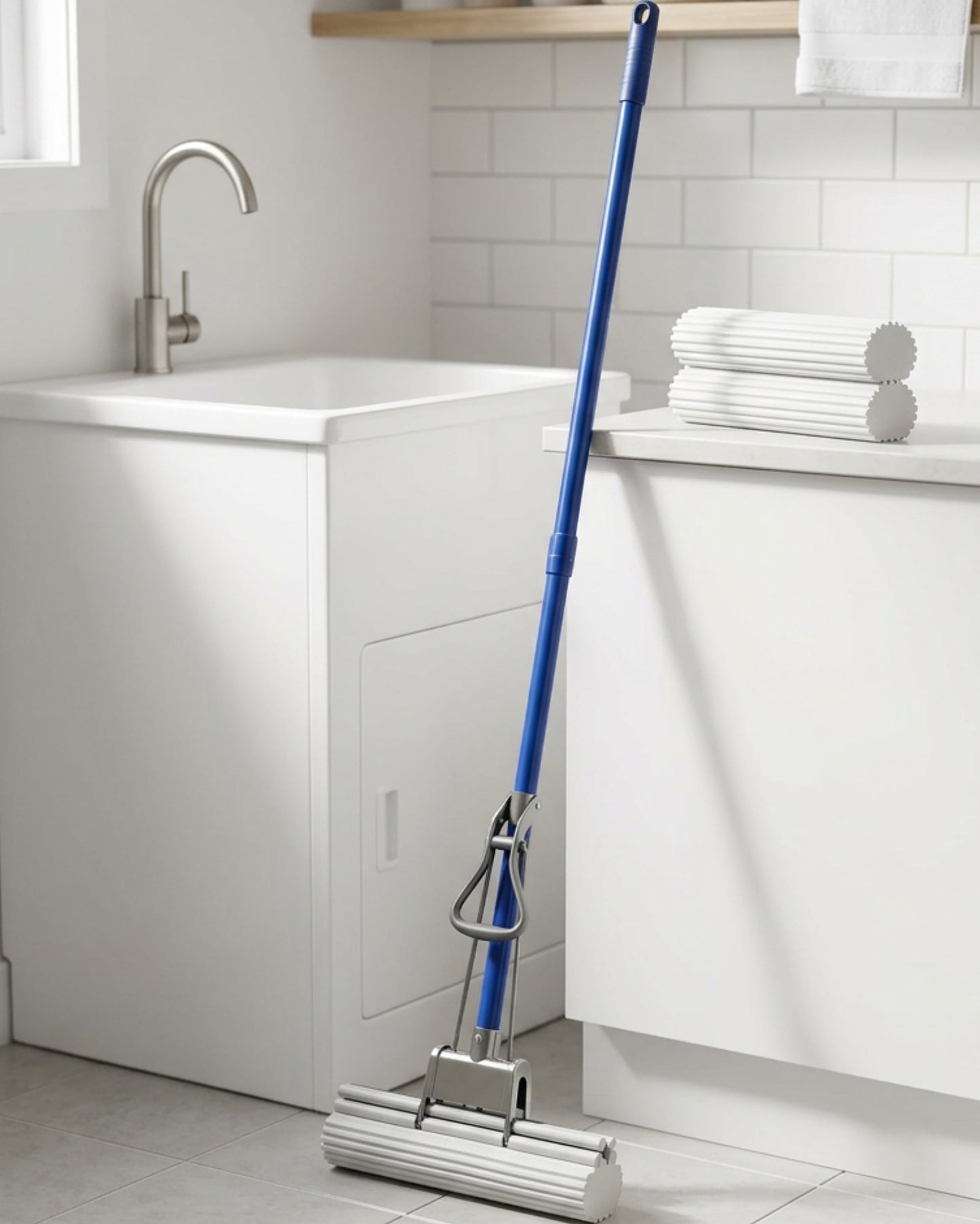 Tuxan PVA Sponge Mop 120 cm with Lever Wringer and 2 Refills - Lifestyle view